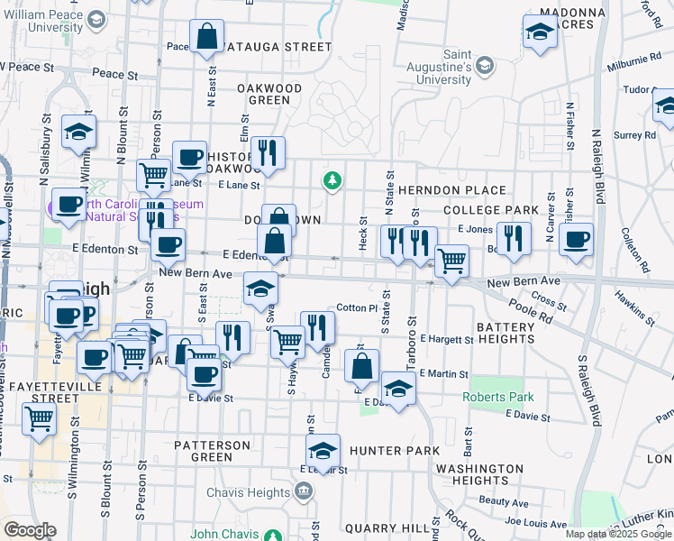 map of restaurants, bars, coffee shops, grocery stores, and more near 901 East Edenton Street in Raleigh