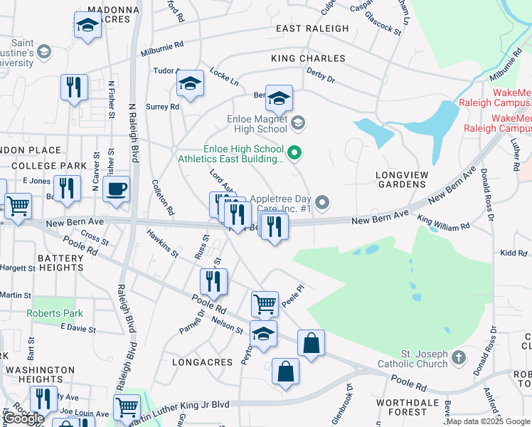 map of restaurants, bars, coffee shops, grocery stores, and more near 2111 New Bern Avenue in Raleigh