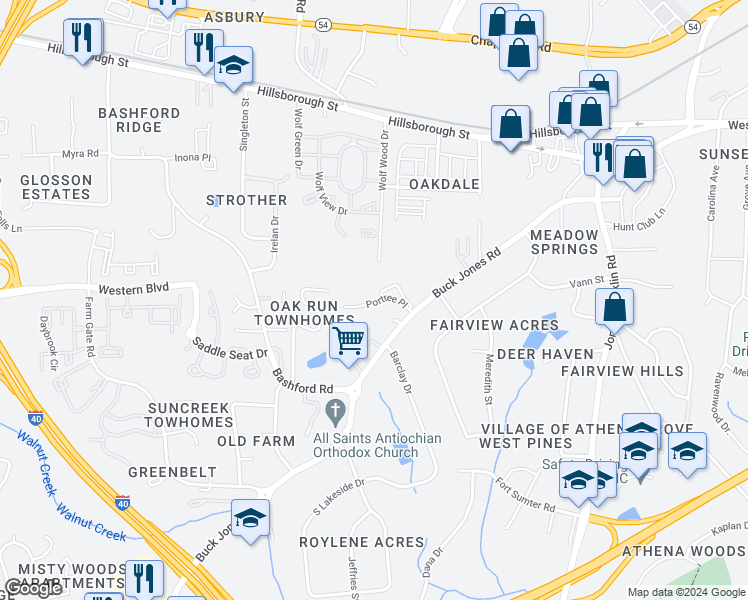 map of restaurants, bars, coffee shops, grocery stores, and more near 5416 Portree Place in Raleigh
