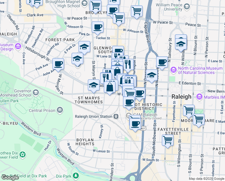 map of restaurants, bars, coffee shops, grocery stores, and more near 14 Glenwood Avenue in Raleigh