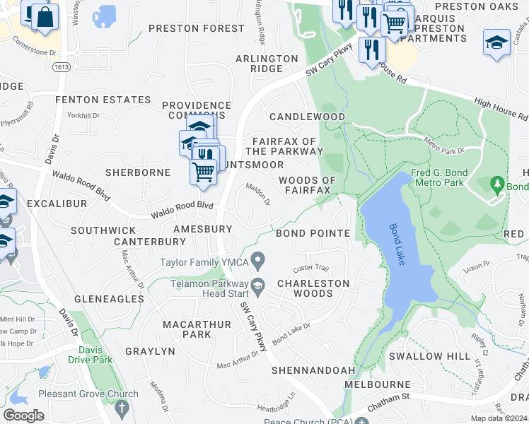 map of restaurants, bars, coffee shops, grocery stores, and more near 128 Maldon Drive in Cary