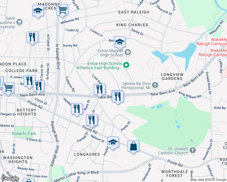 map of restaurants, bars, coffee shops, grocery stores, and more near 2111 New Bern Avenue in Raleigh