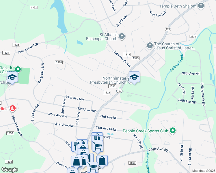 map of restaurants, bars, coffee shops, grocery stores, and more near 29 37th Avenue Northwest in Hickory
