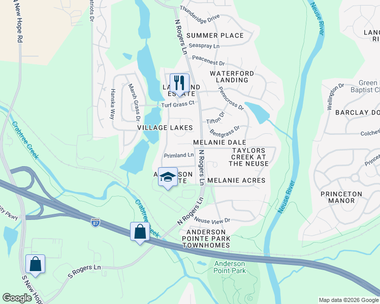 map of restaurants, bars, coffee shops, grocery stores, and more near 5137 Heather Ridge Lane in Raleigh