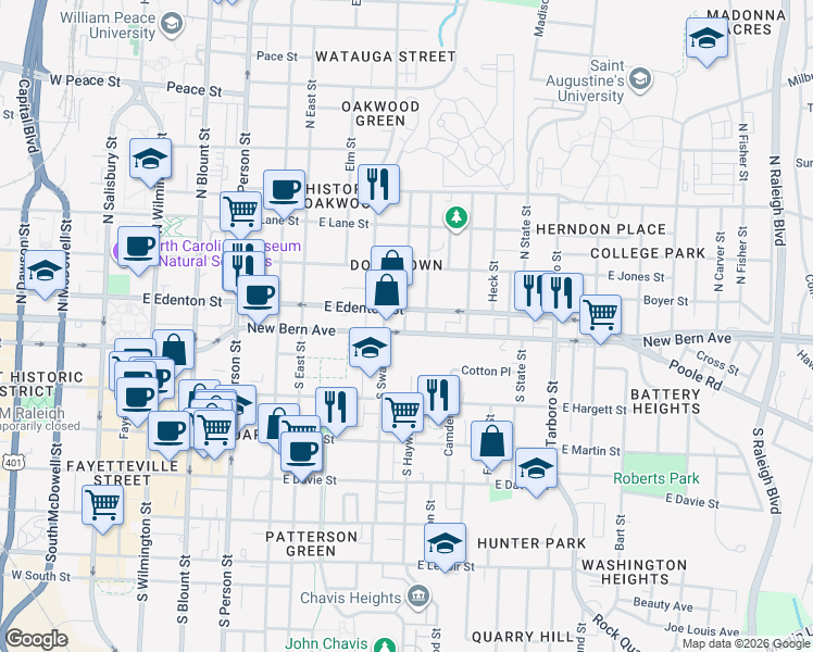 map of restaurants, bars, coffee shops, grocery stores, and more near 609 East Edenton Street in Raleigh