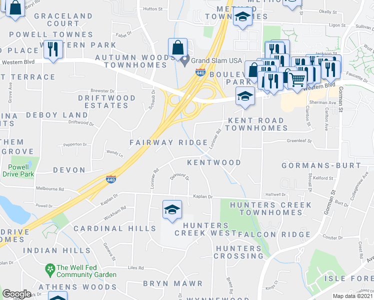 map of restaurants, bars, coffee shops, grocery stores, and more near 1208 Onslow Road in Raleigh