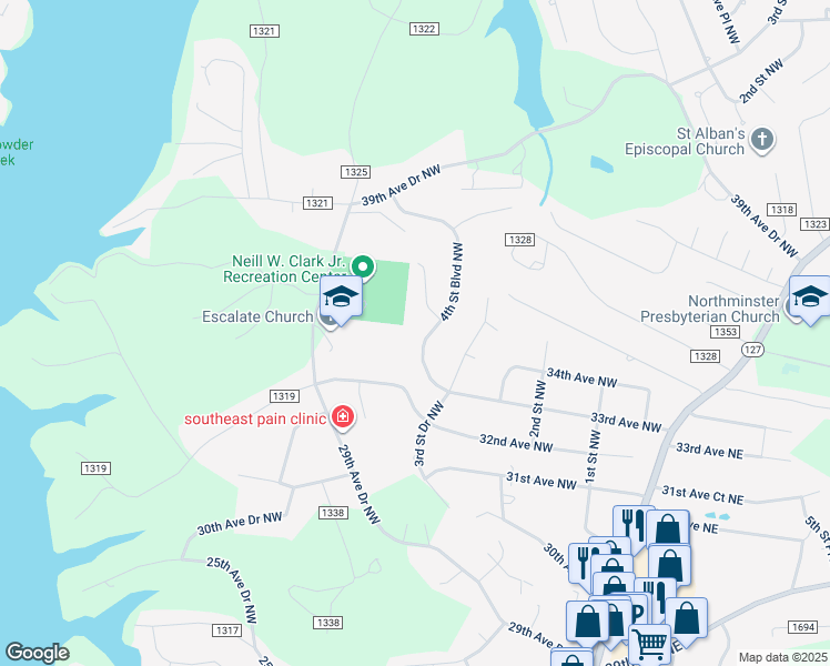 map of restaurants, bars, coffee shops, grocery stores, and more near 3361 4th Street Boulevard Northwest in Hickory