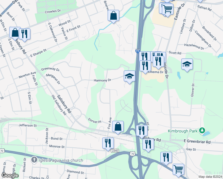 map of restaurants, bars, coffee shops, grocery stores, and more near 1002 Foxcroft Lane in Statesville