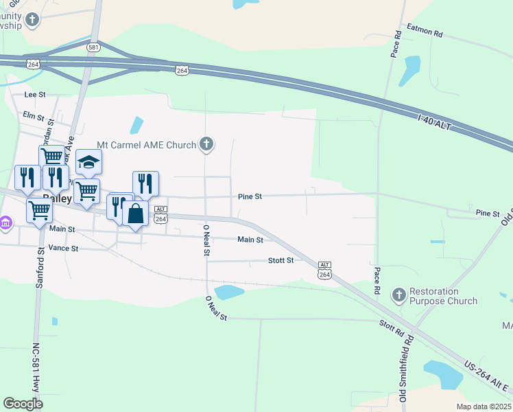map of restaurants, bars, coffee shops, grocery stores, and more near 5811 Pine Street in Bailey