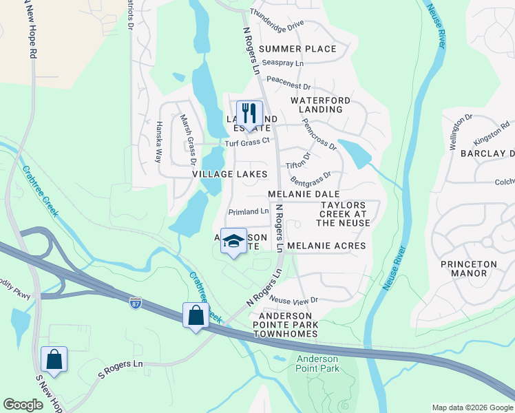 map of restaurants, bars, coffee shops, grocery stores, and more near 5137 Heather Ridge Lane in Raleigh