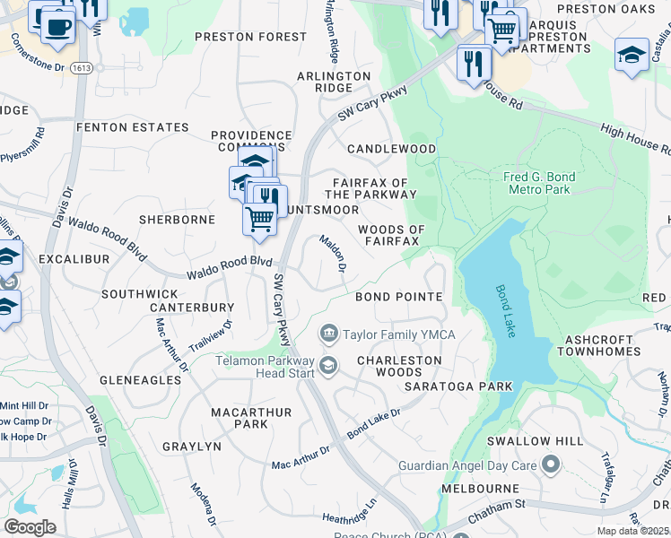 map of restaurants, bars, coffee shops, grocery stores, and more near 128 Maldon Drive in Cary