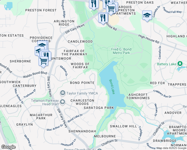 map of restaurants, bars, coffee shops, grocery stores, and more near 300 Swiss Lake Drive in Cary