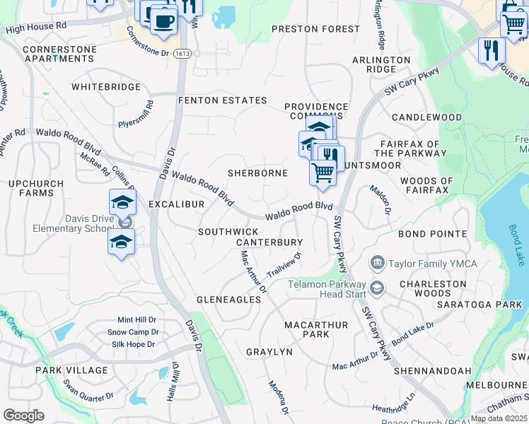 map of restaurants, bars, coffee shops, grocery stores, and more near 101 Breckenwood Drive in Cary