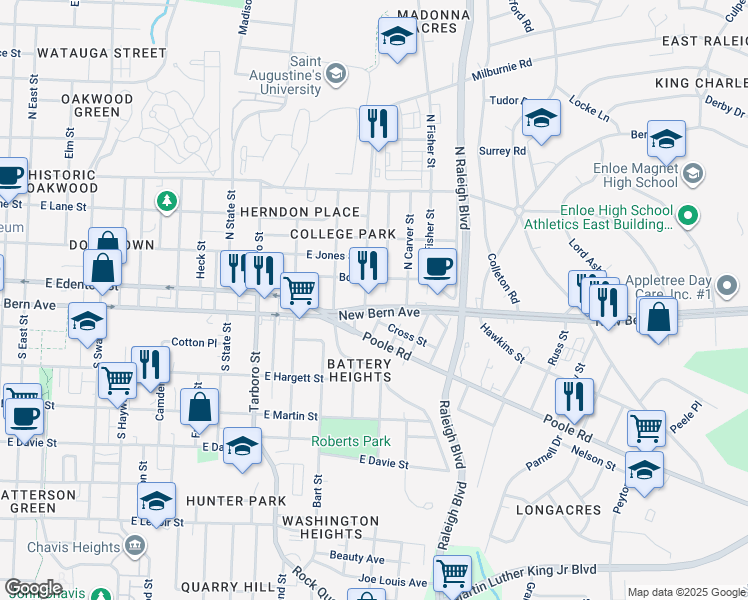 map of restaurants, bars, coffee shops, grocery stores, and more near 1405 New Bern Avenue in Raleigh