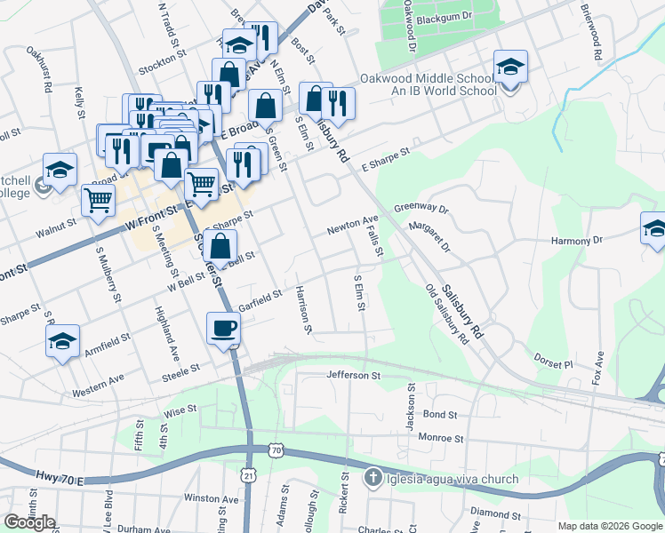 map of restaurants, bars, coffee shops, grocery stores, and more near 314 Dockery Street in Statesville