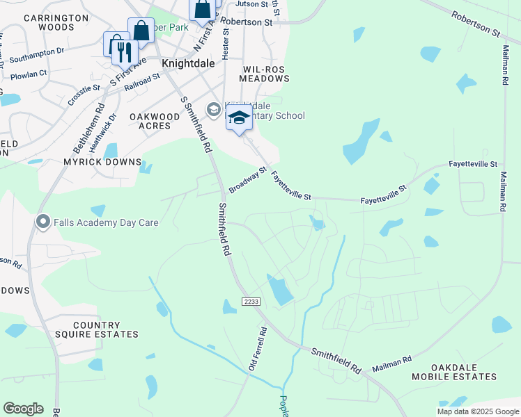 map of restaurants, bars, coffee shops, grocery stores, and more near Ridge Street in Knightdale