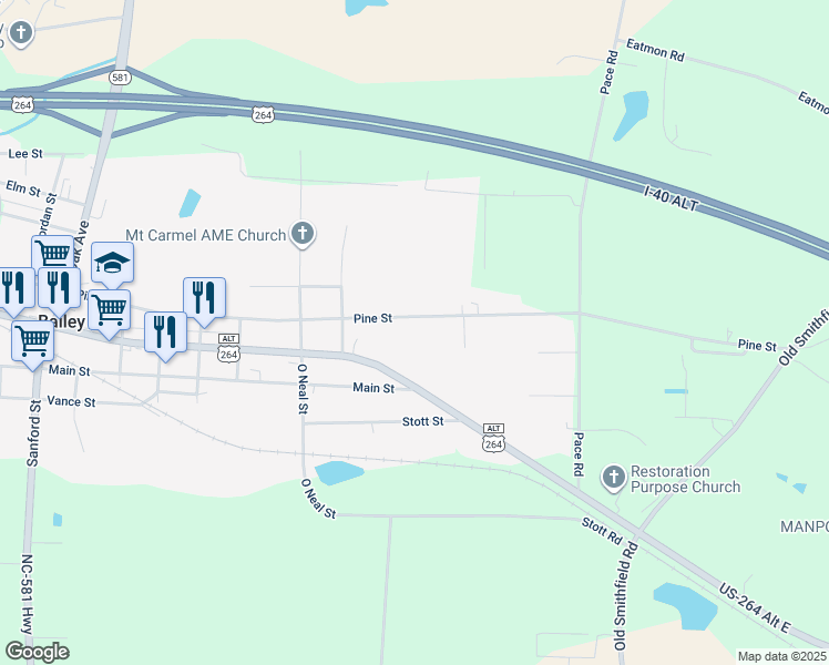 map of restaurants, bars, coffee shops, grocery stores, and more near 5741 Pine Street in Bailey