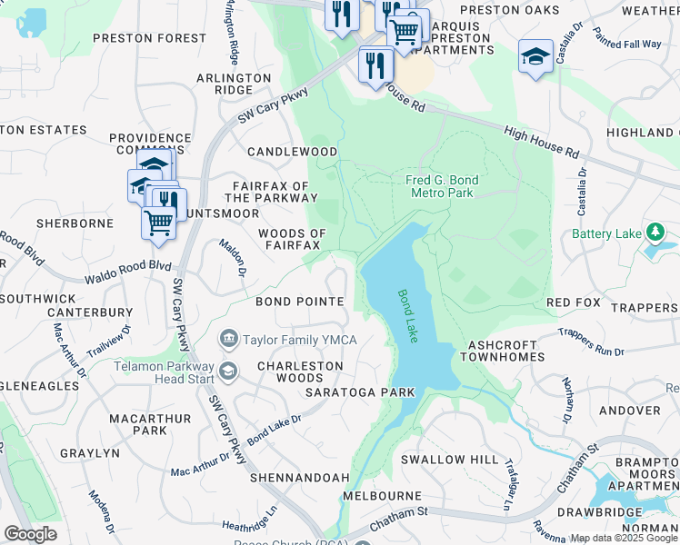 map of restaurants, bars, coffee shops, grocery stores, and more near 300 Swiss Lake Drive in Cary