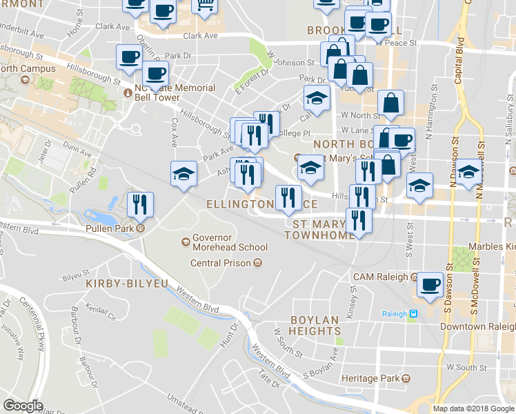 map of restaurants, bars, coffee shops, grocery stores, and more near 122 Ellington Oaks Court in Raleigh