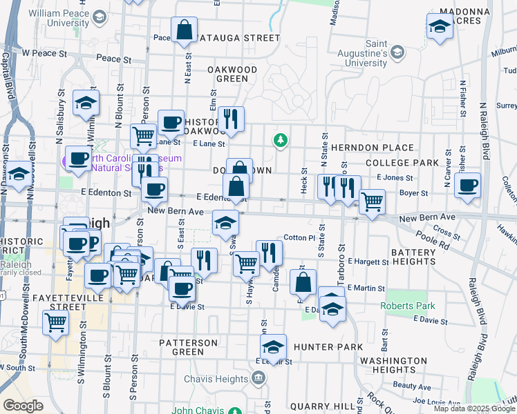 map of restaurants, bars, coffee shops, grocery stores, and more near 102 Seawell Avenue in Raleigh