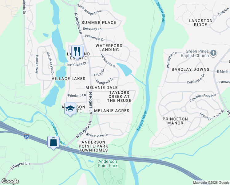 map of restaurants, bars, coffee shops, grocery stores, and more near 5401 Daleview Drive in Raleigh