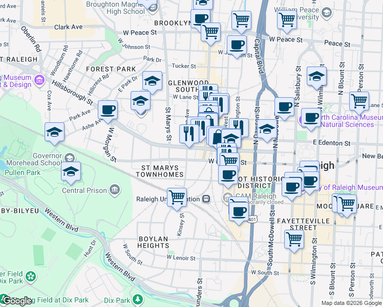 map of restaurants, bars, coffee shops, grocery stores, and more near 14 Glenwood Avenue in Raleigh