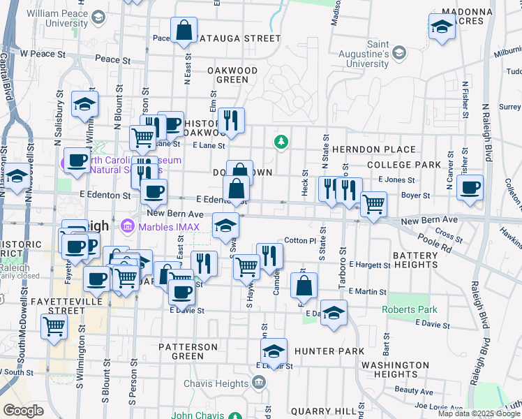 map of restaurants, bars, coffee shops, grocery stores, and more near 102 Seawell Avenue in Raleigh