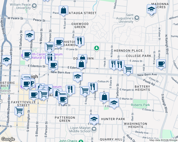 map of restaurants, bars, coffee shops, grocery stores, and more near 102 Seawell Avenue in Raleigh