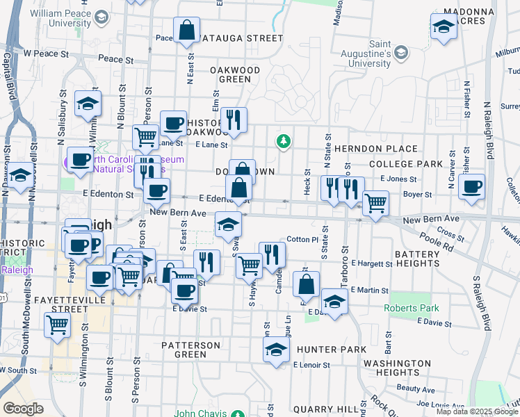 map of restaurants, bars, coffee shops, grocery stores, and more near 102 Seawell Avenue in Raleigh