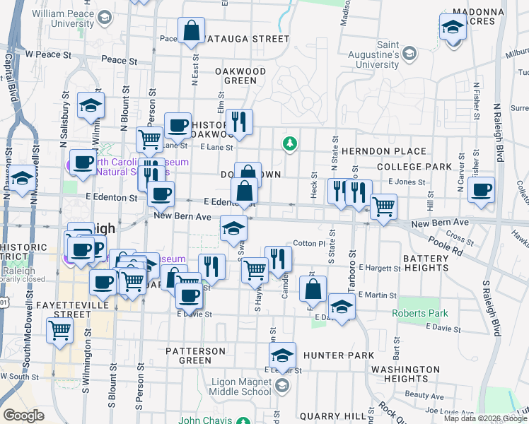 map of restaurants, bars, coffee shops, grocery stores, and more near 102 Seawell Avenue in Raleigh
