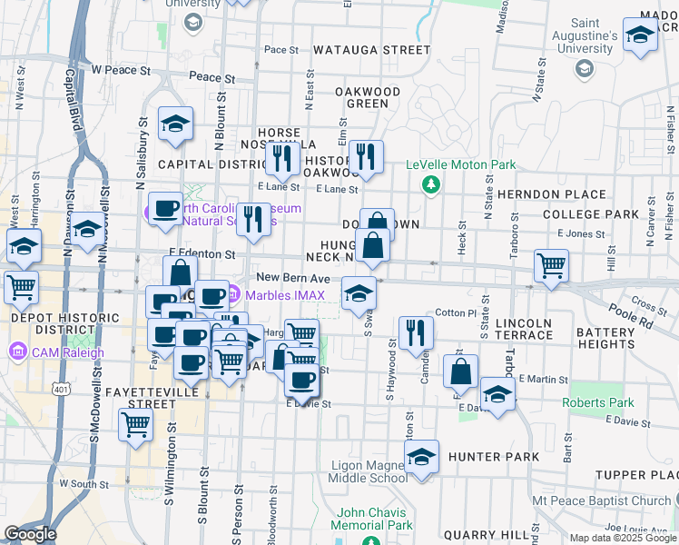 map of restaurants, bars, coffee shops, grocery stores, and more near 555 East Edenton Street in Raleigh