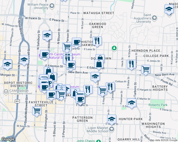 map of restaurants, bars, coffee shops, grocery stores, and more near 555 East Edenton Street in Raleigh