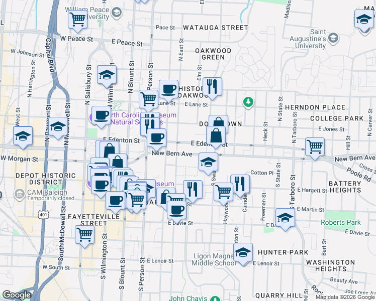 map of restaurants, bars, coffee shops, grocery stores, and more near in Raleigh
