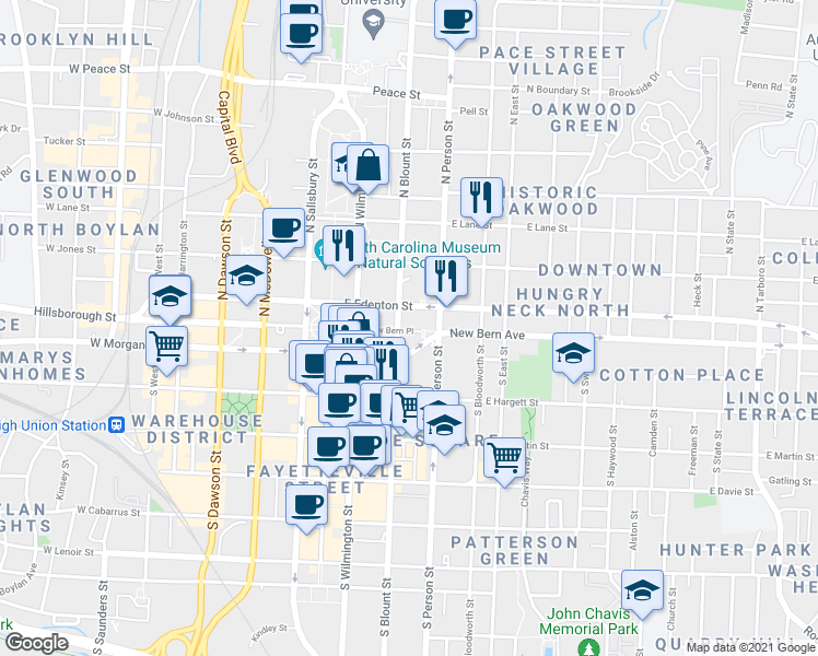 map of restaurants, bars, coffee shops, grocery stores, and more near 200 East Edenton Street in Raleigh