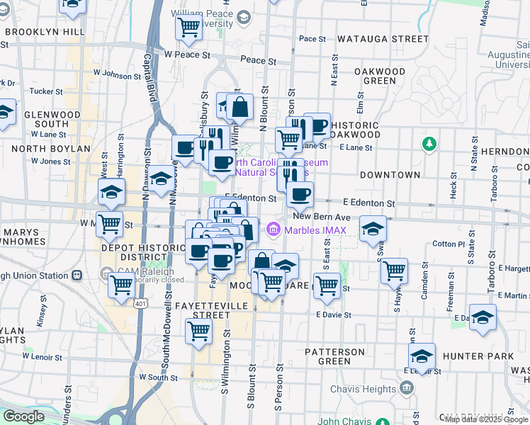 map of restaurants, bars, coffee shops, grocery stores, and more near 200 East Edenton Street in Raleigh