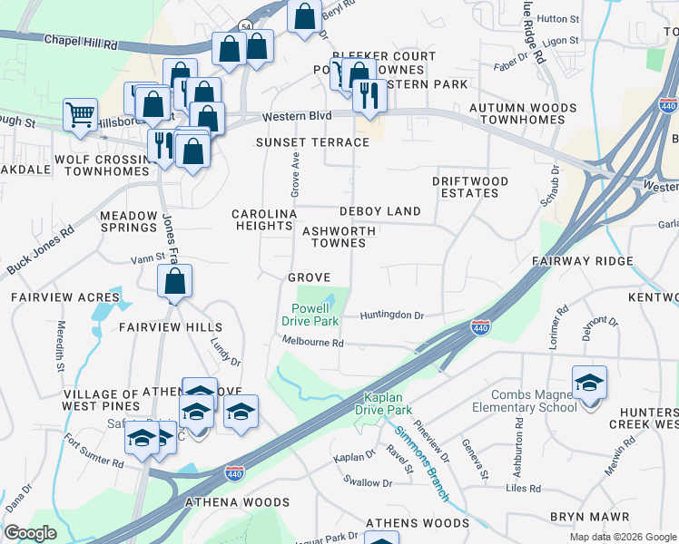 map of restaurants, bars, coffee shops, grocery stores, and more near 720 Powell Drive in Raleigh