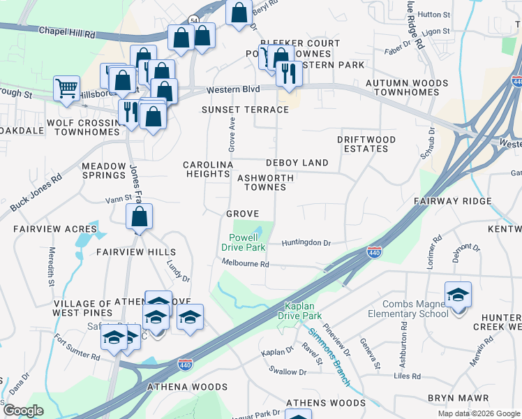 map of restaurants, bars, coffee shops, grocery stores, and more near 720 Powell Drive in Raleigh
