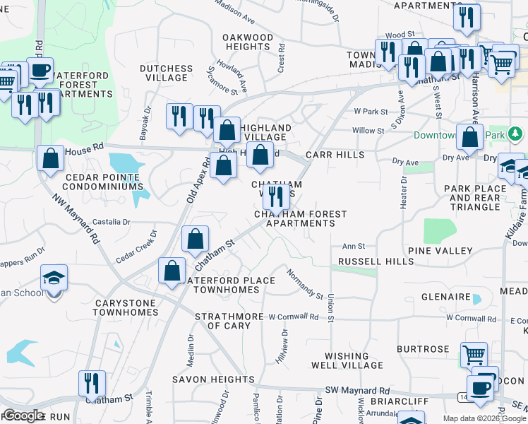 map of restaurants, bars, coffee shops, grocery stores, and more near 123 Chatham Woods Drive in Cary