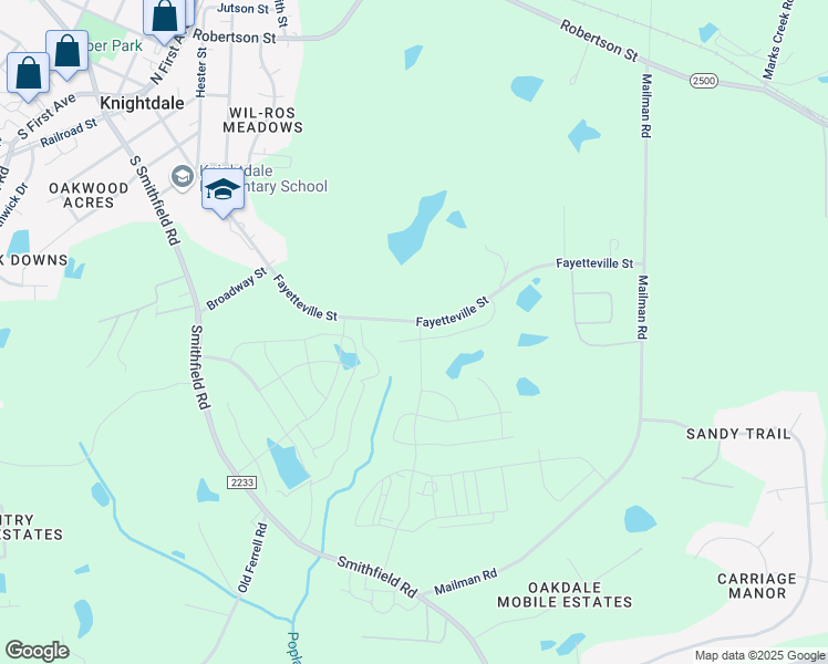 map of restaurants, bars, coffee shops, grocery stores, and more near 1032 Fayetteville Street in Knightdale