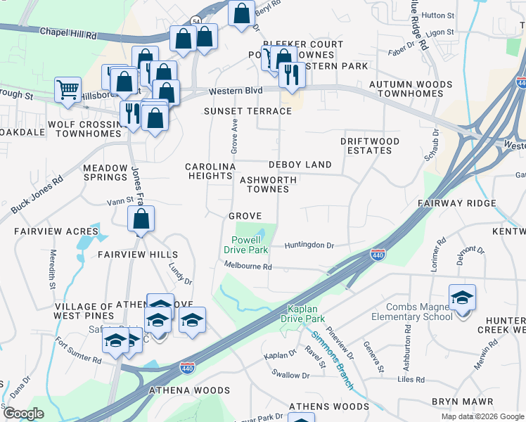 map of restaurants, bars, coffee shops, grocery stores, and more near 720 Powell Drive in Raleigh