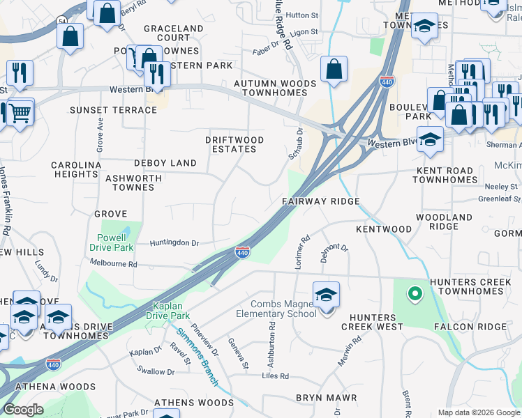 map of restaurants, bars, coffee shops, grocery stores, and more near 1207 Teakwood Place in Raleigh