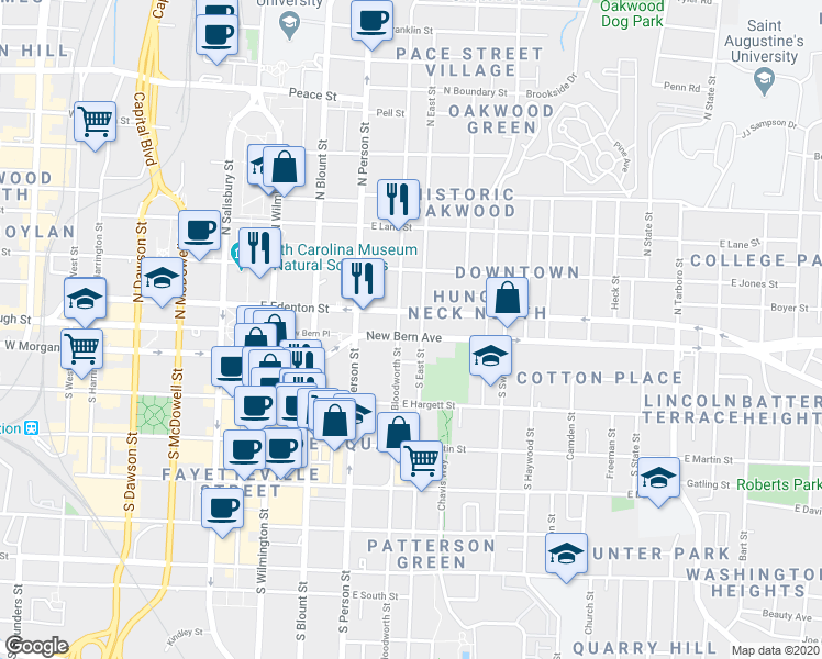 map of restaurants, bars, coffee shops, grocery stores, and more near 413 New Bern Avenue in Raleigh