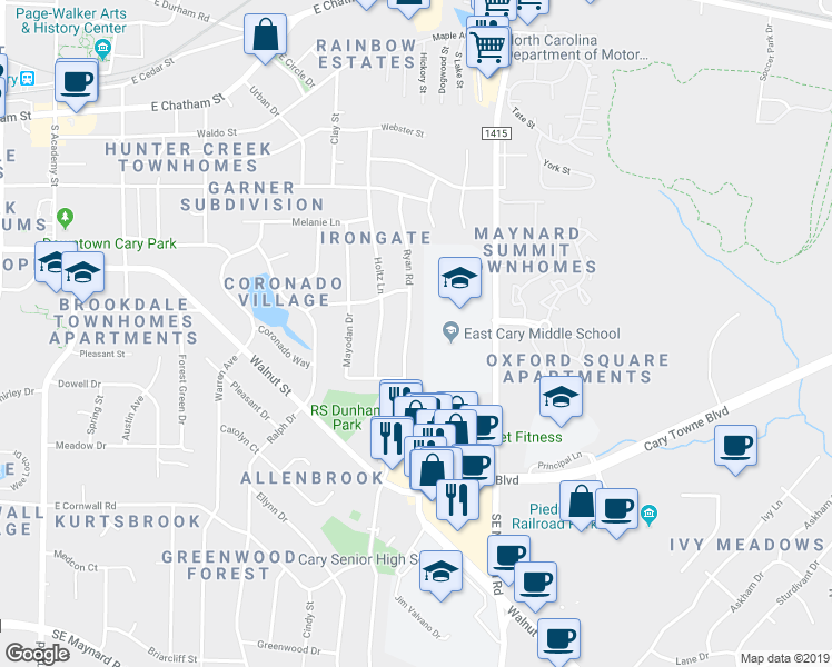 map of restaurants, bars, coffee shops, grocery stores, and more near 509 Ryan Road in Cary