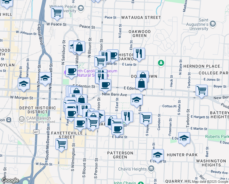 map of restaurants, bars, coffee shops, grocery stores, and more near 413 New Bern Avenue in Raleigh