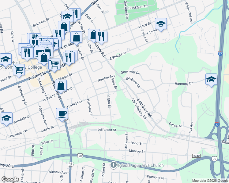 map of restaurants, bars, coffee shops, grocery stores, and more near 410 Garfield Street in Statesville