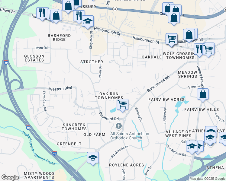 map of restaurants, bars, coffee shops, grocery stores, and more near 417 Oak Run Drive in Raleigh
