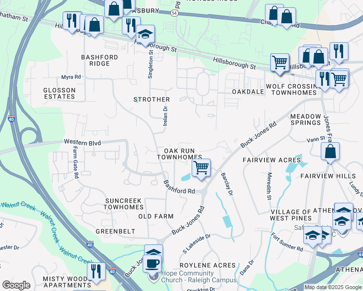 map of restaurants, bars, coffee shops, grocery stores, and more near 431 Oak Run Drive in Raleigh