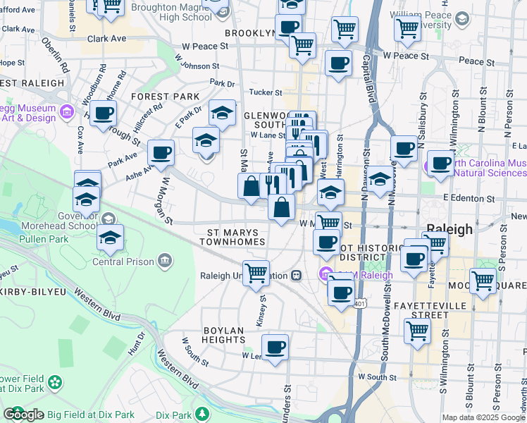 map of restaurants, bars, coffee shops, grocery stores, and more near 701 Hillsborough Street in Raleigh