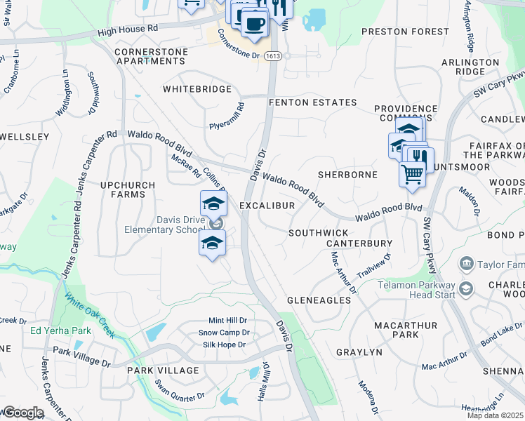 map of restaurants, bars, coffee shops, grocery stores, and more near 100 Pellinore Court in Cary