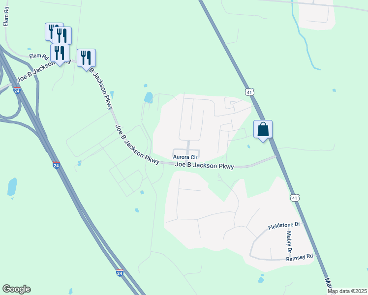 map of restaurants, bars, coffee shops, grocery stores, and more near 4347 Aurora Circle in Murfreesboro